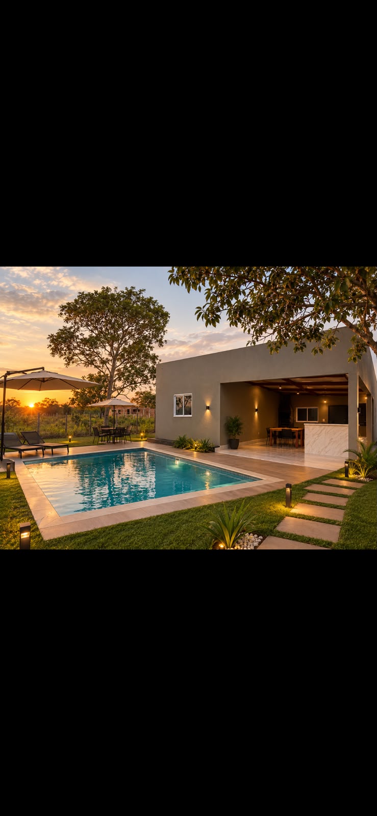 Simulação gerada por inteligência artificial da chácara com piscina, paisagismo e mobiliário
