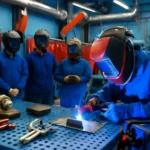 Enquadramento horizontal 1536x1024 de uma sala de aula técnica com estudantes participando de uma atividade prática de soldagem, destaque para ferramentas e equipamentos de trabalho, cores vibrantes com foco em tons de azul, vermelho e metálico, ambiente de aprendizado industrial com detalhes de segurança e capacitação.