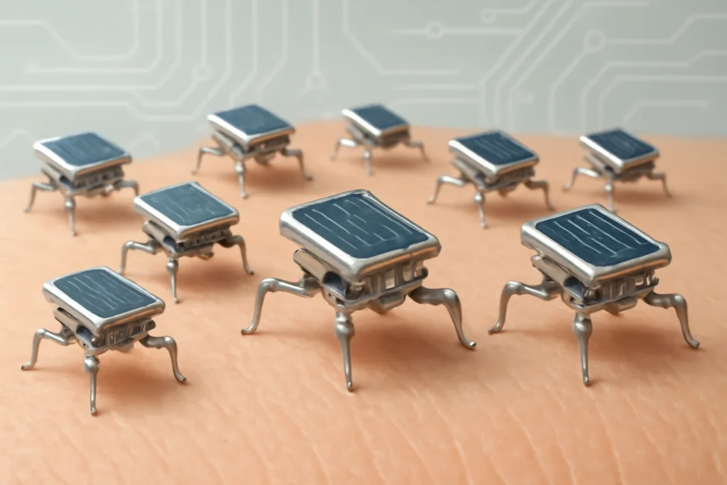 Menor robô autônomo programável do mundo, invisível a olho nu e sem bateria, usa luz e energia solar para agir por meses, dizem Penn e Michigan 11 Ilustração de microrrobôs programáveis metálicos sobre pele, com células solares microscópicas e elementos tecnológicos futuristas