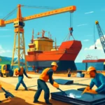 Cena com estaleiro em construção na Bahia, trabalhadores, navios e equipamentos modernos, destacando o pacote bilionário R$ 6,45 bilhões