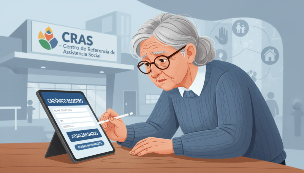 Pessoa concentrada atualizando dados do CadÚnico online para evitar a suspensão do BPC LOAS.