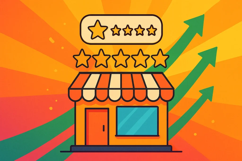 Como conseguir mais avaliações no Google Meu Negócio com um processo ético e repetível que aumenta confiança e melhora conversão local 1 Ilustração de uma loja local com estrelas em avaliações sobre como conseguir mais avaliações no Google Meu Negócio