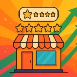 Ilustração de uma loja local com estrelas em avaliações sobre como conseguir mais avaliações no Google Meu Negócio