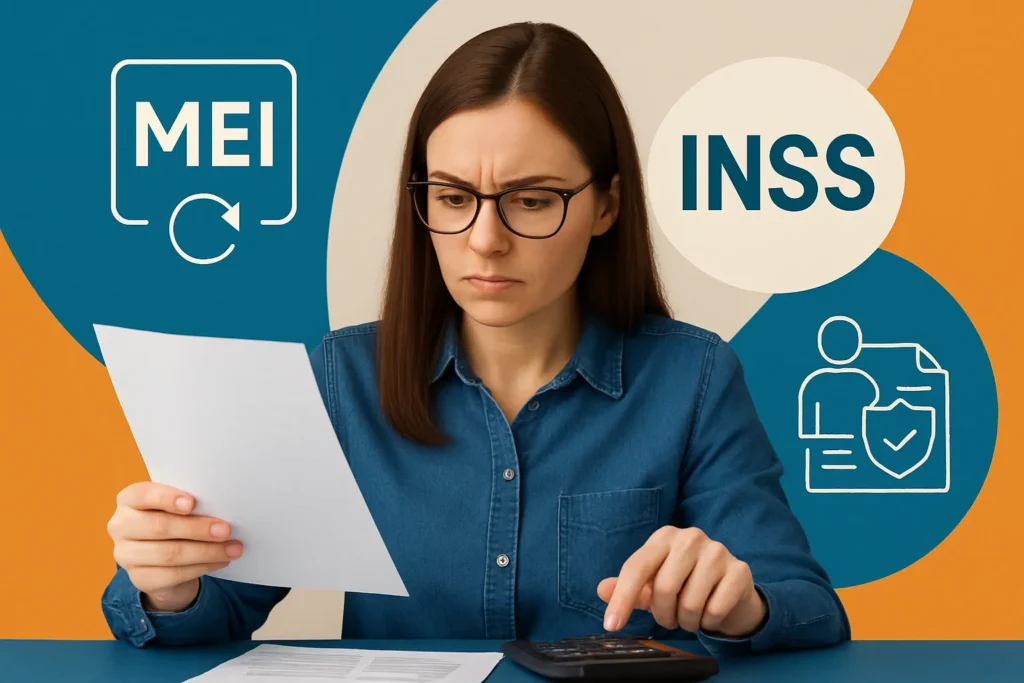 Como contribuir para o INSS sendo MEI ou autônomo com plano de contribuição, código certo e estratégia para aposentadoria sem surpresas no futuro 1 Imagem ilustrativa de uma pessoa pensando sobre como contribuir para o INSS sendo MEI, com documentos e calculadora.