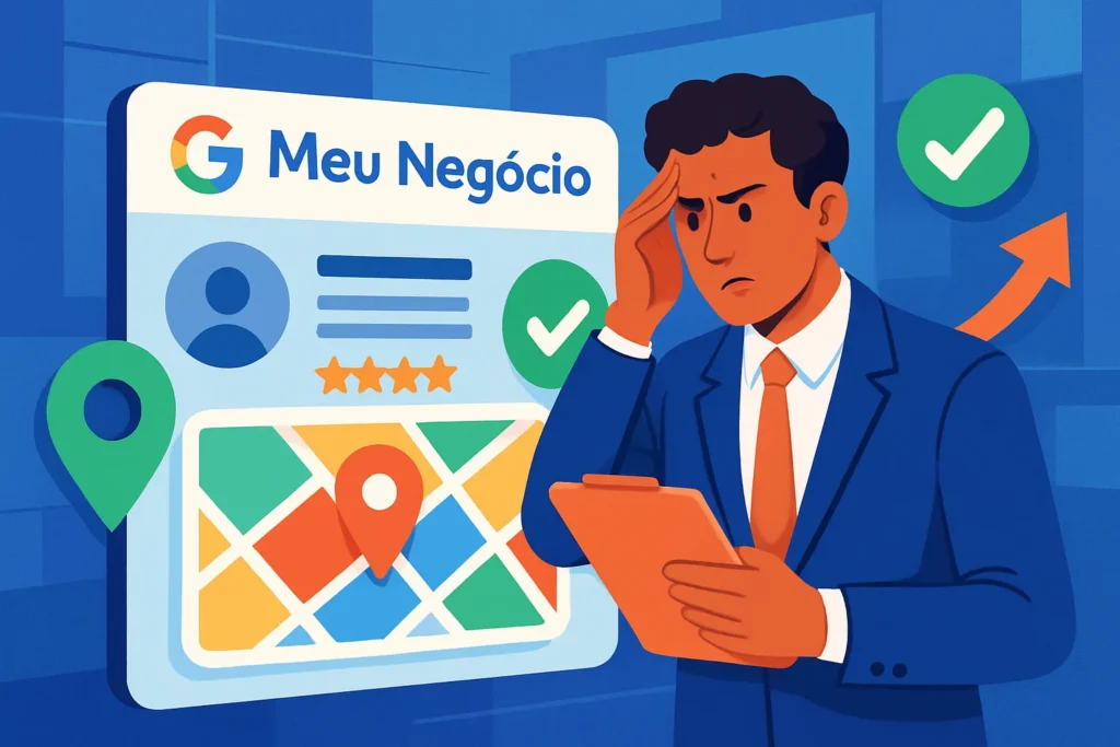 Como recuperar perfil suspenso no Google Meu Negócio 1 Imagem ilustrativa sobre como recuperar perfil suspenso no Google Meu Negócio, mostrando um empresário no painel do Google Meu Negócio.