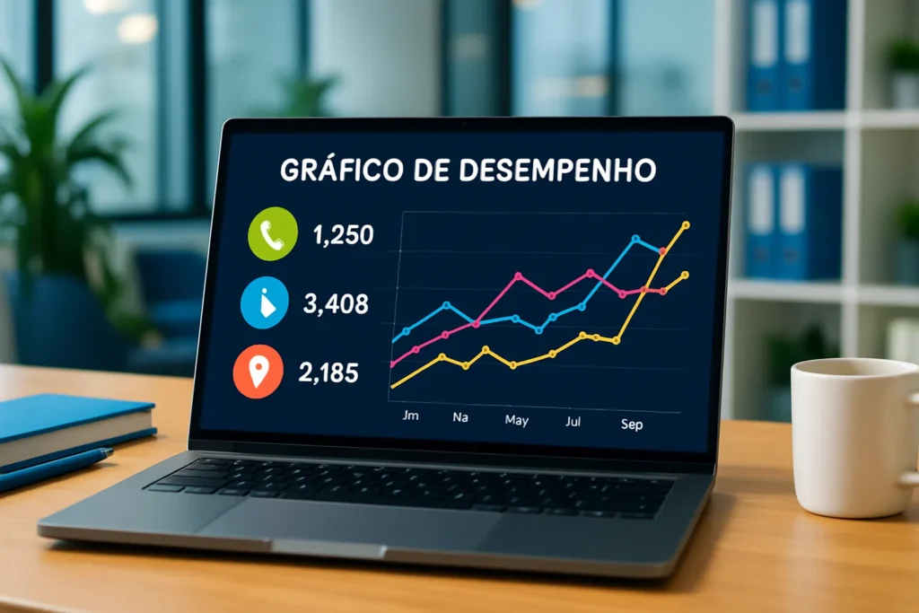 Como medir resultados do Google Meu Negócio com UTMs, eventos e relatórios para provar quais buscas geram ligações, rotas e vendas locais 1 Ilustração de como medir resultados do Google Meu Negócio, destacando métricas importantes como cliques e chamadas.
