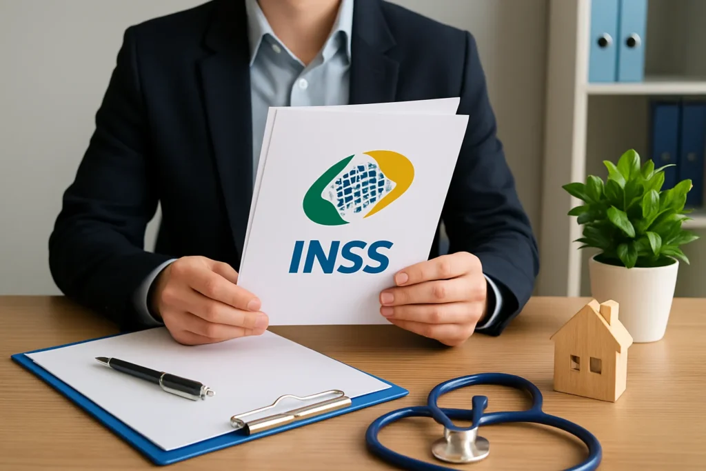 Pessoa analisando documentos sobre como pedir auxílio-doença no INSS