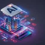 Executivos analisando gráficos de investimento em IA com data center ao fundo