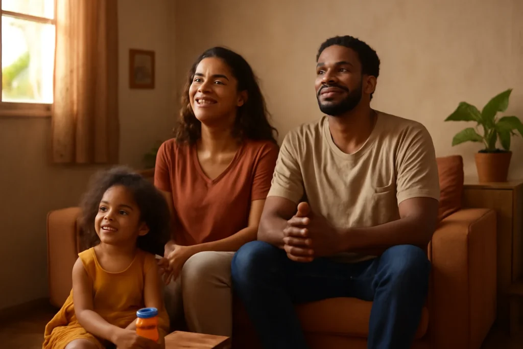 Quem recebe 1 salário mínimo recebe Bolsa Família em 2026, saiba se R$ 1.621 por mês e a composição familiar permitem acesso ao benefício, regras e valores 9 Família brasileira em sala de estar, simbolizando quem recebe 1 salário e beneficiários do Bolsa Família