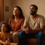Família brasileira em sala de estar, simbolizando quem recebe 1 salário e beneficiários do Bolsa Família