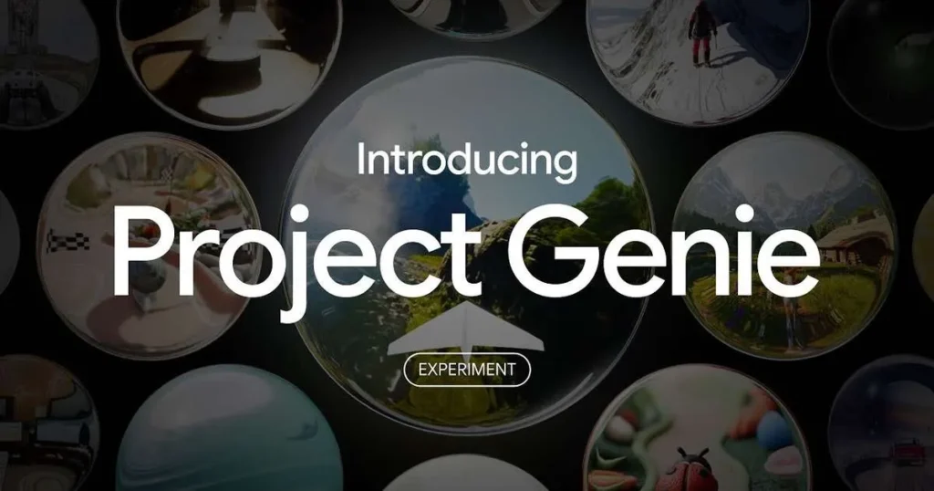 Usuário explorando mundo gerado pelo Project Genie em monitor enquanto digita no teclado