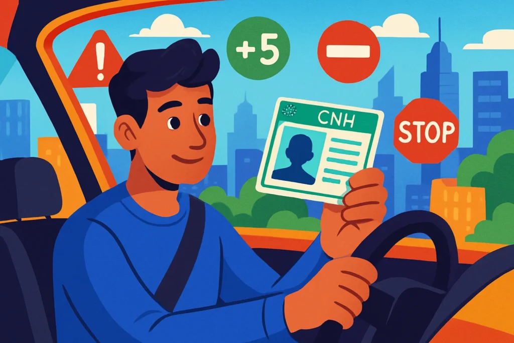 Pontuação, multas e suspensão na nova CNH: limites, como consultar pontos, como indicar condutor e quando cabe recurso 1 Ilustração de um motorista francês analisando como consultar pontos na CNH