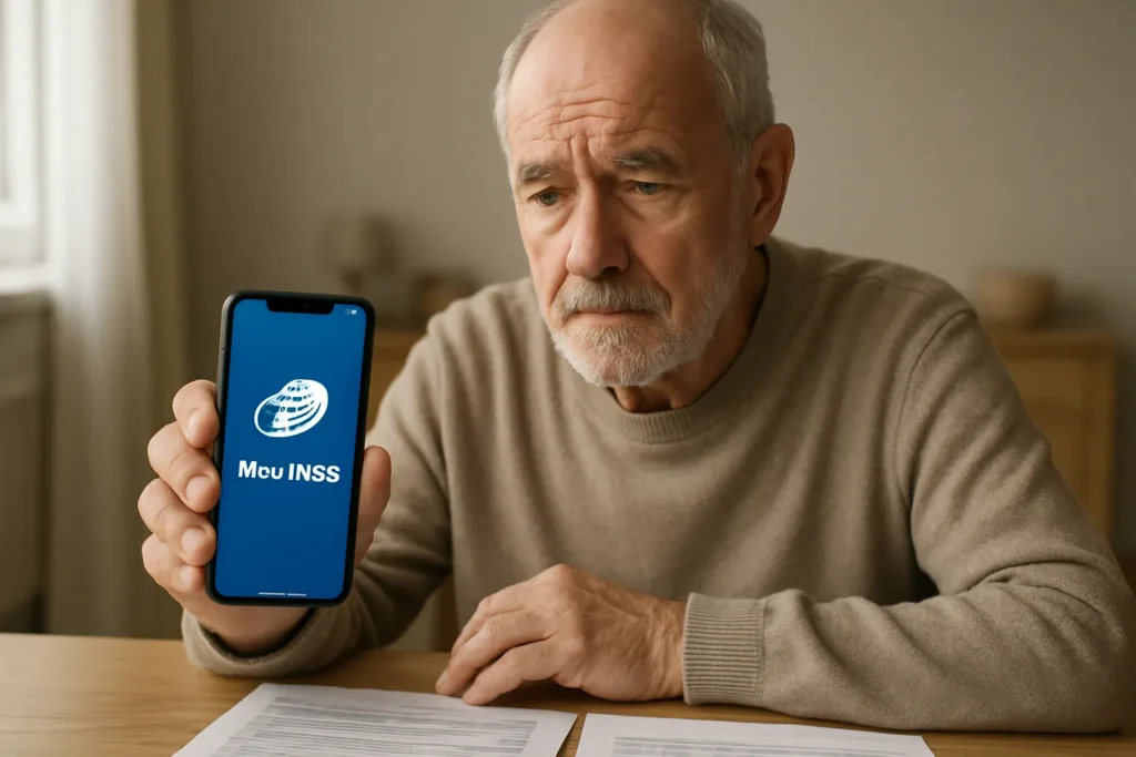 Quando sai a nova tabela do INSS 2026? 1 Pessoa consultando o aplicativo Meu INSS no celular com documentos e extrato ao lado