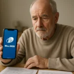 Pessoa consultando o aplicativo Meu INSS no celular com documentos e extrato ao lado