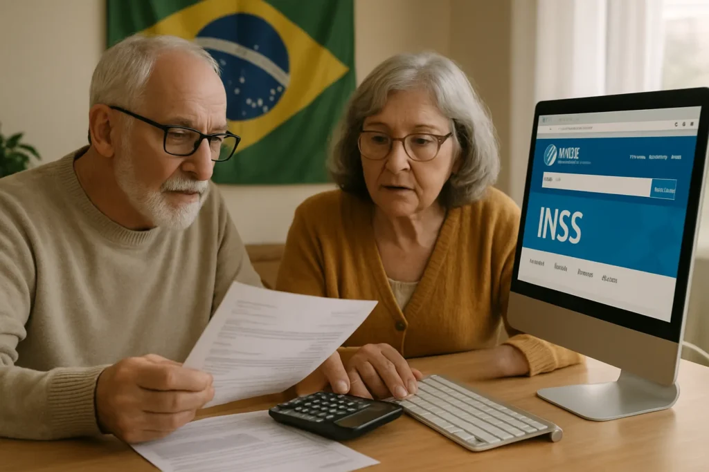 Quem ganha mais de um salário mínimo tem direito ao aumento? 1 Idoso conferindo extrato do INSS no computador com calculadora e documentos na mesa