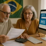 Idoso conferindo extrato do INSS no computador com calculadora e documentos na mesa
