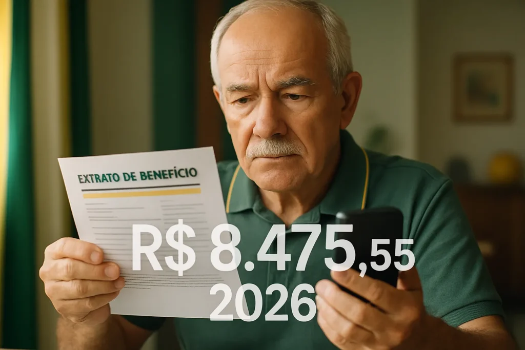 Pessoa idosa consultando extrato do INSS em 2026 com destaque para o valor R$ 8.475,55