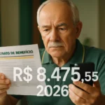 Pessoa idosa consultando extrato do INSS em 2026 com destaque para o valor R$ 8.475,55