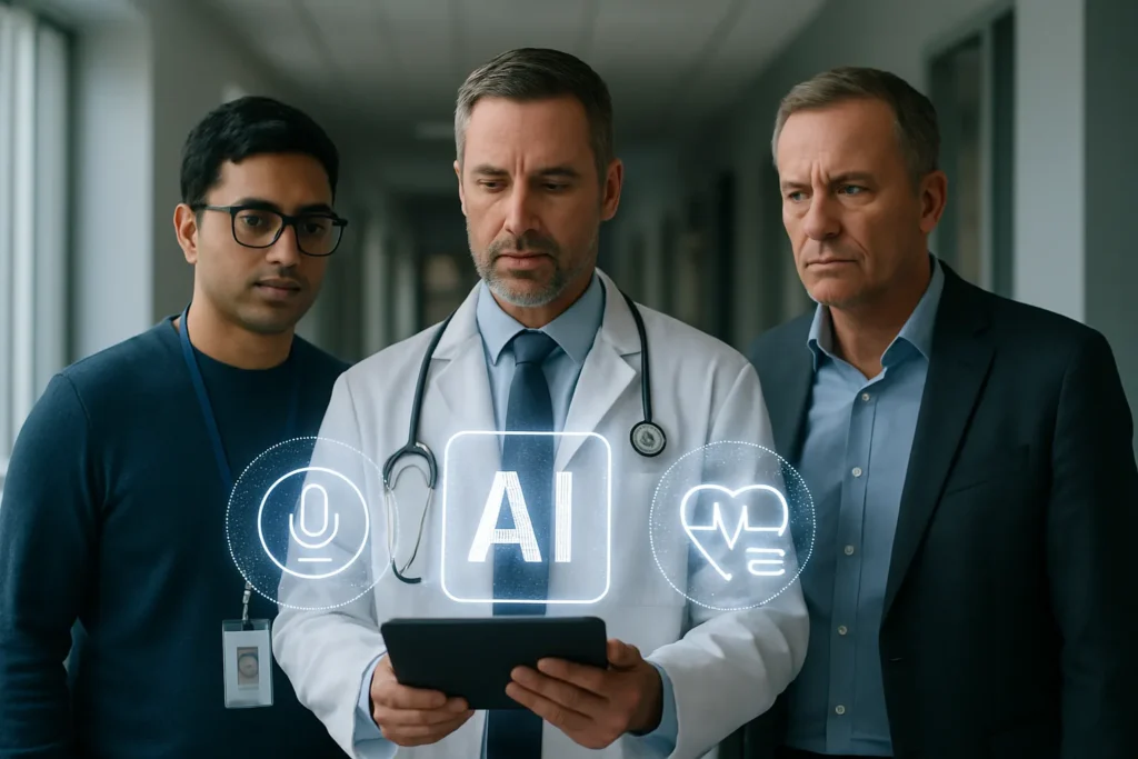 Profissionais observando tela com sobreposição digital de IA em corredor de hospital