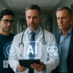 Profissionais observando tela com sobreposição digital de IA em corredor de hospital