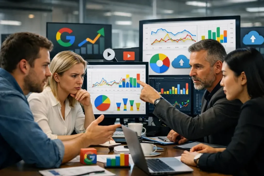 Equipe de marketing analisando painéis de desempenho de anúncios pagos em telas e smartphone