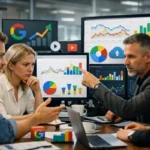 Equipe de marketing analisando painéis de desempenho de anúncios pagos em telas e smartphone